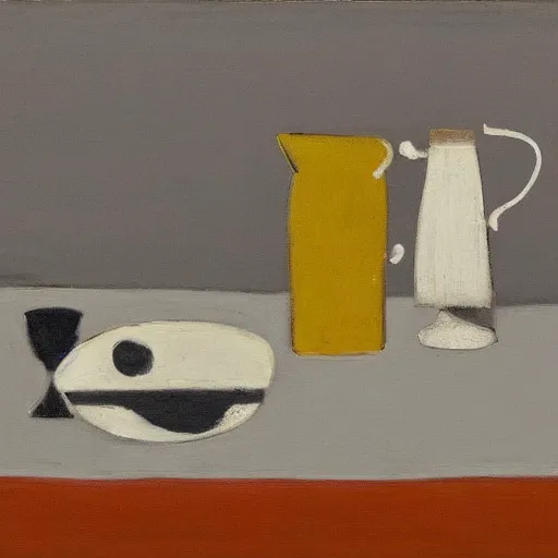Prompt: a painting by ben nicholson in the style of ivon hitchens, table still life with cards. jug. apple