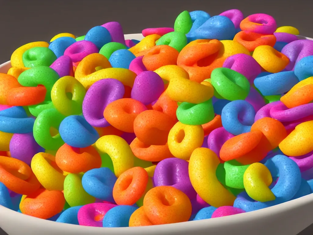 Image similar to bowl of fruit loops in milk, high realism, high detail, stylized, pixar, octane render