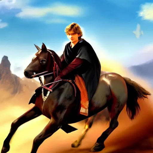 Image similar to anakin skywalker riding a pony, cinematic painting