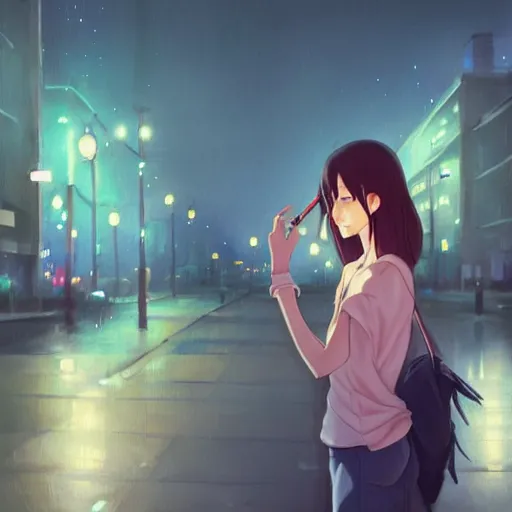 Prompt: a girl smoking, skinny, beautiful face, street at night, long hairfine art painting by makoto shinkai, featured on pixiv, hd