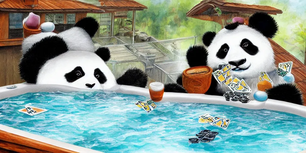 Image similar to A panda playing cards in a hot tub on a roof top, Greg Simkins