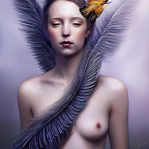 Image similar to portrait of a girl transforming into a feathered bird, covered in feathers, wings spread, taking flight, surreal, fantasy, intricate, elegant, dramatic lighting, emotional, symbolic metaphor, highly detailed, lifelike, photorealistic, digital painting, artstation, concept art, smooth, sharp focus, illustration, art by John Collier and Krenz Cushart and Artem Demura and Alphonse Mucha and Albert Aublet