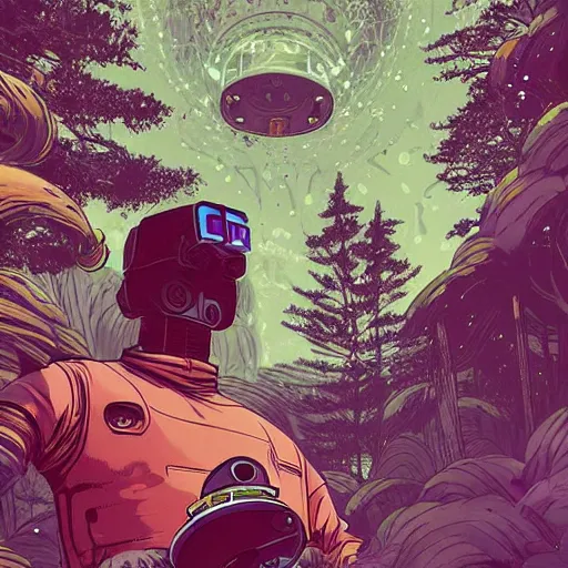 Prompt: Stunning close up of cyberpunk explorer holding his small circular robot friend in his hand, forest in background, highly detailed, by Victo Ngai and James Gilleard , Moebius, Laurie Greasley