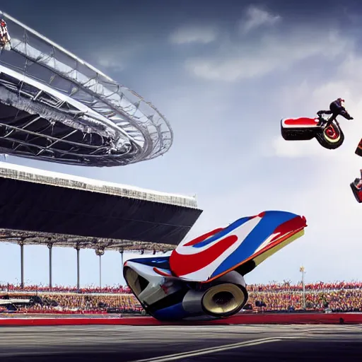 Image similar to evel knievel jumping busses at wembly stadium 3 d studiomax, maya 3 d, unrealengine, 4 k, 8 k, hdr, extreme render, mind - bending reality, hyper detailed, wide angle ultra - vivid, photo - realistic nikon 3 5 mm, photograph