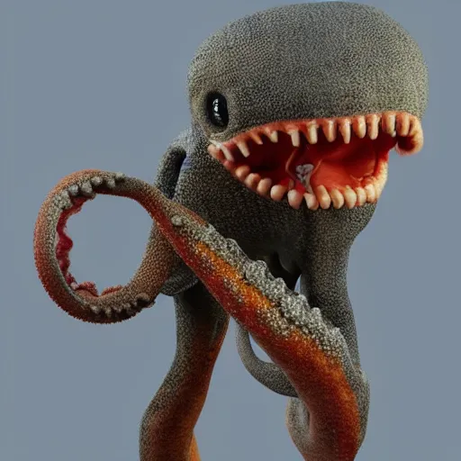 Image similar to a repulsive lonely-looking animal-like creature with rough unusual coloured tentacled skin, a long snout and bulging eyes, ultra realistic 3d render with shadow