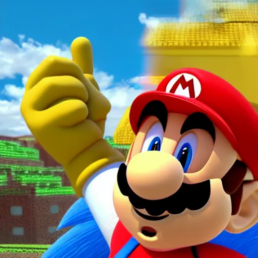 Image similar to a 3 d render of mario with sonic's hair