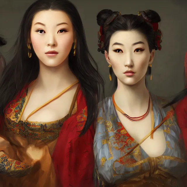 Image similar to beautiful women with oriental faces, character portrait, sharp, digital matte painting, by asher brown durand, trending on artstation