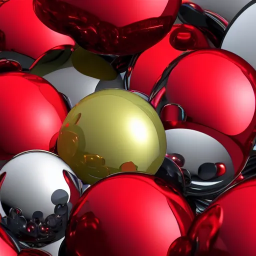 Prompt: chrome spheres on a red cube, soft focus