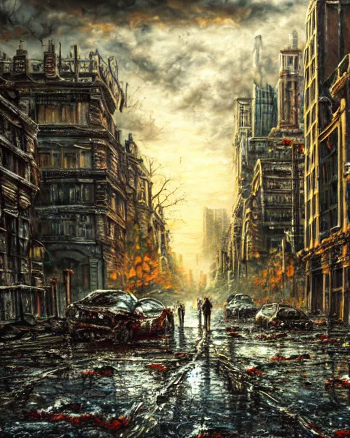 Image similar to oil painting landscape of a zombie apocalypse city, high production value, intricate details, high resolution, hdr, high definition, masterpiece, realistic, ultrarealistic, highly detailed, hd, sharp focus, non blurry, sharp, smooth