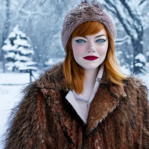 Prompt: emma stone wearing valenki in russian village, winter, painted by ron arad and steve argyle, blonde hair, cinematic