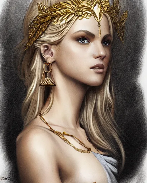 Image similar to tattoo sketch of blonde super model aphrodite greek goddess wearing a gold laurel wreath and triangle earrings, beautiful piercing gaze with sharp pupils, in the style of greg rutkowski, fantasy, amazing detail, epic, elegant, smooth, sharp focus, front view