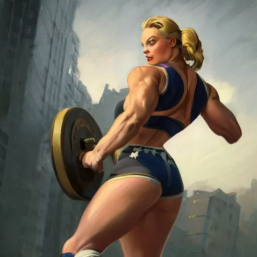 Image similar to socialist realism propaganda poster of margot robbie as beautiful female very muscular weightlifter from overwatch, portrait, profile picture, socialist realism, highly detailed, intricate, digital painting, artstation, sharp focus, illustration, art by jakub rozalski, greg rutkowski, artgerm, tan zi and ayanamikodon and alphonse mucha and wlop