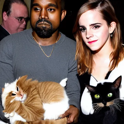 Image similar to Emma Watson and Kanye west holding cats