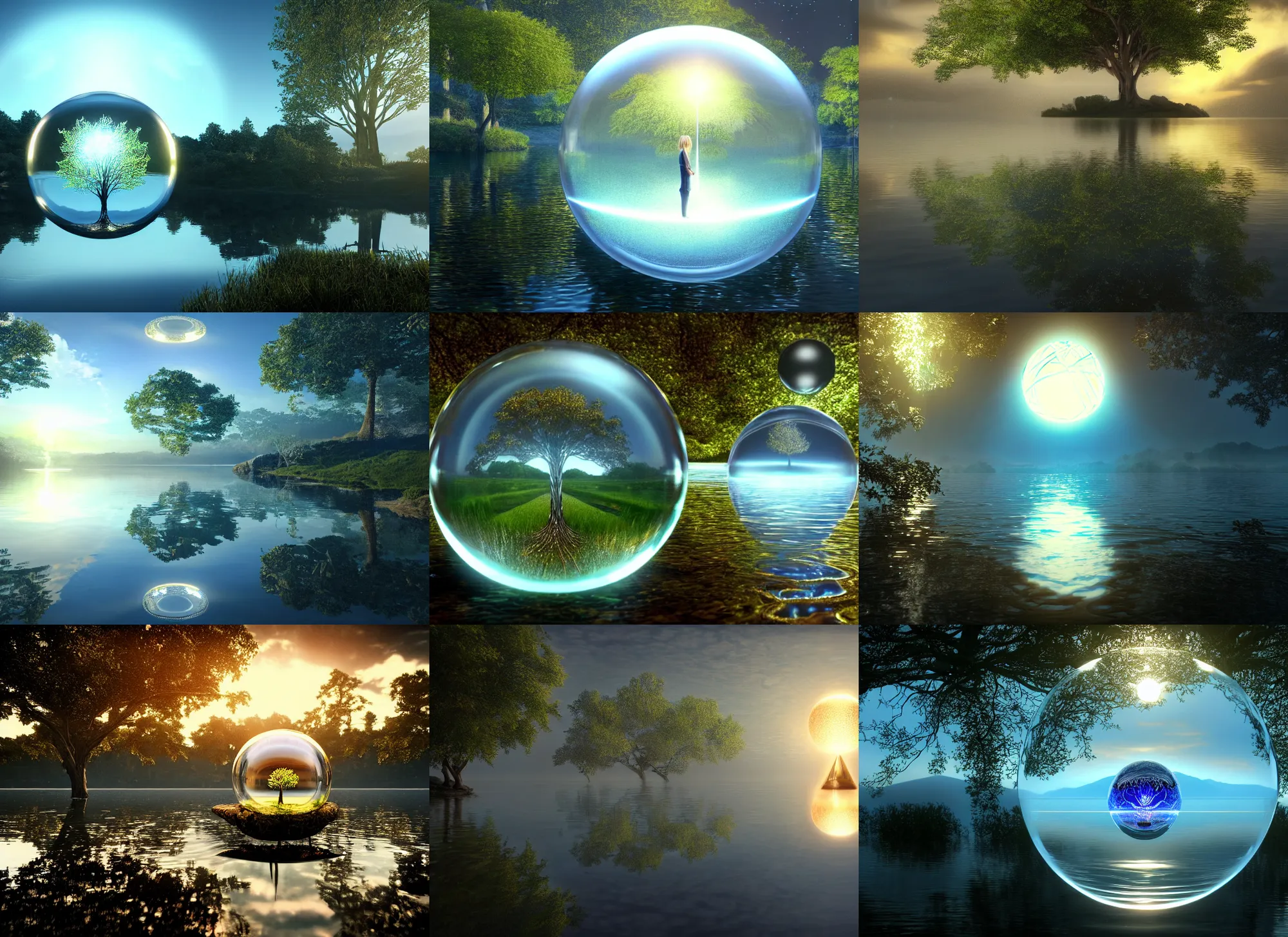 Prompt: glowing transparent crystal ball emerging from a serene lake, centered horizontally, radiant light, tree of life inside the ball, intricate details, reflections on the water, ripples, moody sky, hyperdetailed illustration by yuumei, by mark brooks, artstation, unreal engine 5, low global light, coherent composition
