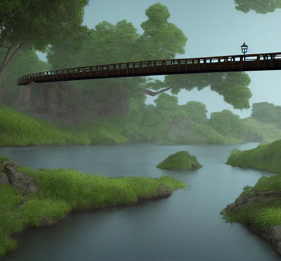 Image similar to long wood bridge to island, unreal engine, digital, acrilic paint