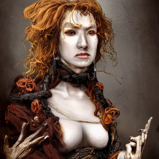 Image similar to portrait of a Shibari rope wrapped face and neck, headshot, insanely nice professional hair style, dramatic hair color, digital painting, of a old 17th century, old cyborg merchant, amber jewels, baroque, ornate clothing, scifi, realistic, hyperdetailed, chiaroscuro, concept art, art by Franz Hals and Jon Foster and Ayami Kojima and Amano and Karol Bak,