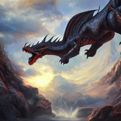 Image similar to highly detailed oil painting of a western dragon emerging from a hotspring, fantasy, featured on artstation