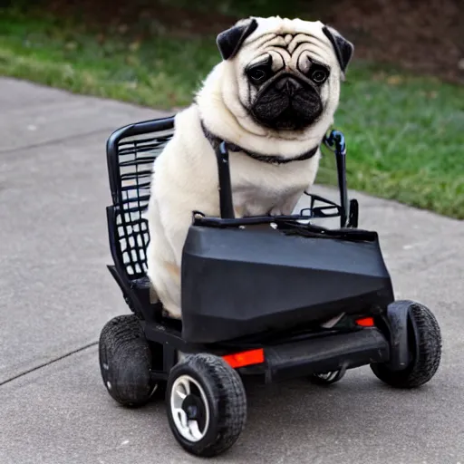 Prompt: a morbidly obese pug riding a motorized shopping cart mobility scooter, high resolution photo