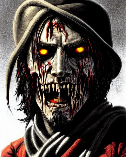 Image similar to mccree from overwatch, evil zombie, crazed look in his eyes, character portrait, portrait, close up, concept art, intricate details, highly detailed, horror poster, horror, vintage horror art, realistic, terrifying, in the style of michael whelan, beksinski, and gustave dore