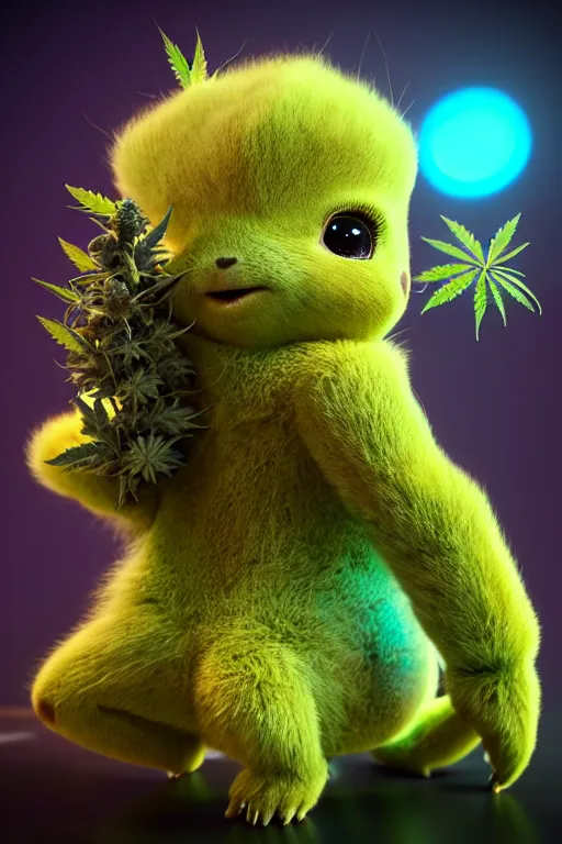 Prompt: high quality 3 d render very cute beautiful creature with a cannabis inflorescence instead of a head, like baby! cosmic marijuana bush, incorporated speakers!, cyberpunk highly detailed, unreal engine cinematic smooth, in the style of blade runner & detective pikachu, hannah yata charlie immer, moody light, low angle, uhd 8 k, sharp focus