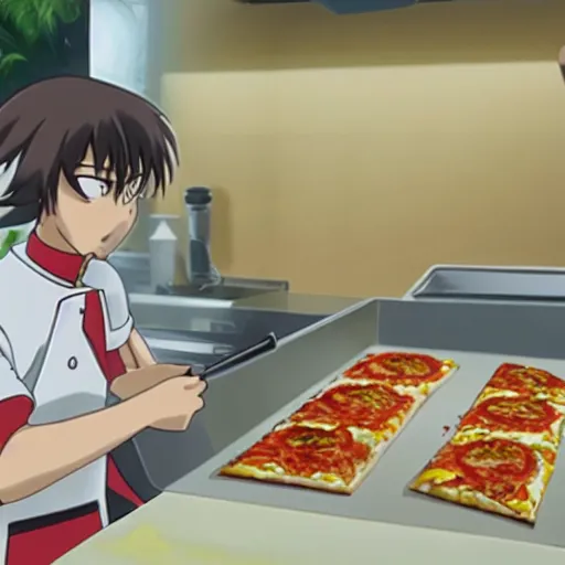 Prompt: shinji baking pizza with ananas, still from anime