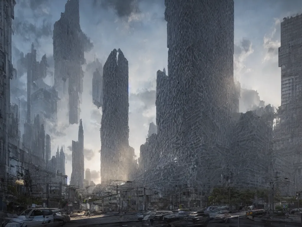 Image similar to streetscape, a towering cathedral of brutalist architecture, buildings covered with greebles, stunning volumetric light, sunset, metal, concrete and translucent material, stunning skies, majestic landscape, trending on Artstation, 8k, photorealistic, hyper detailed, unreal engine 5, IMAX quality, cinematic, epic lighting, in the style of Greg Rutkowski