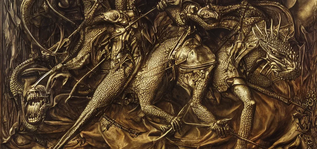 Prompt: St. George And The Dragon by H.R. Giger, detailed, ornate, sharp focus, accurate, intricate, award wining, original modern artwork, rgb, ethereal lighting, 4K