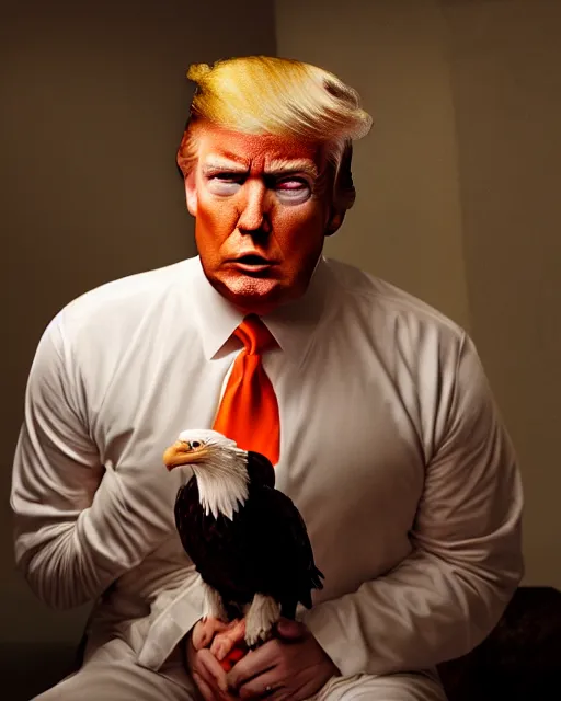 Prompt: closeup portrait of of angry donald trump wearing orange prison pajamas sitting on a bed petting a bald eagle in a filthy prison, cinematic masterpiece, octane, dramatic lighting, editorial photo, 35mm, very detailed