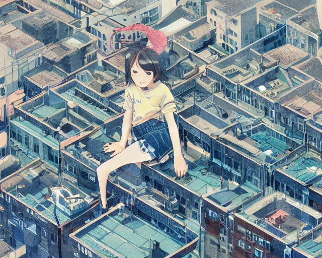 Image similar to teen standing on the roof of a building, bird eye view, fisheye view, illustration, by pine ( ハイネ ) and 薯 子 imoko and 香 川 悠 作 and wlop and maya takamura, highly detailed, trending artstation, pixiv, digital art