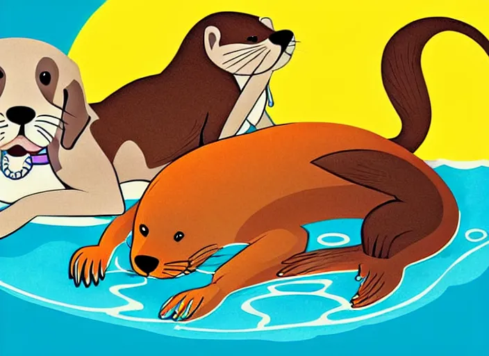 Image similar to dog and otter relaxing, colorful,modern art deco, disney poster, editorial illustration, detailed,