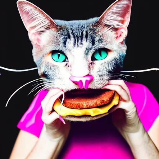 Image similar to photo of a pink cat, with a hamburger inside of it's mouth