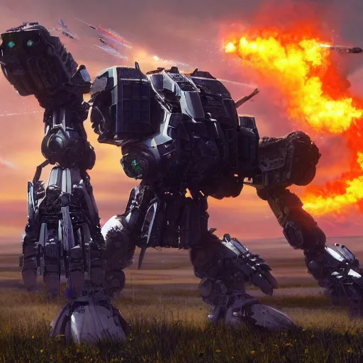 Image similar to an ultra - detailed realistic cinematic shot of an mech fighting it's final battle against an onslaught of explosions on the plains of the american midwest, mechwarrior, hyper realism, highly detailed, art, 8 k