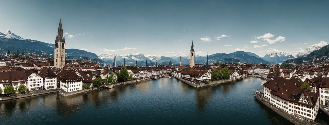 Image similar to Photo of Zurich, looking down the river at the lake and the alps, Hardturm, Grossmünster, wide angle, volumetric light, hyperdetailed, mountain water, artstation, cgsociety, 8k