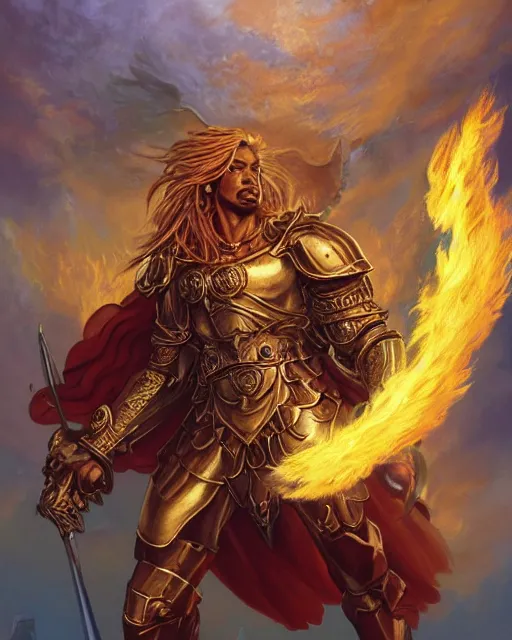 Prompt: mtg character portrait of a brawny male leonin warrior african lion angel of justice, with fiery golden wings of flame, wearing shining plate armor, wielding flaming sword and holding large fiery shield, by peter mohrbacher, wadim kashin, greg rutkowski, larry elmore, george pemba, ernie barnes, raymond swanland, magali villeneuve, trending on artstation