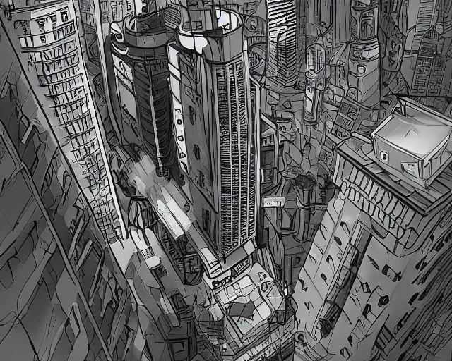 Prompt: A large imposing robot with a paintbrush destroying a city, looking down at the people below, low angle, digital art