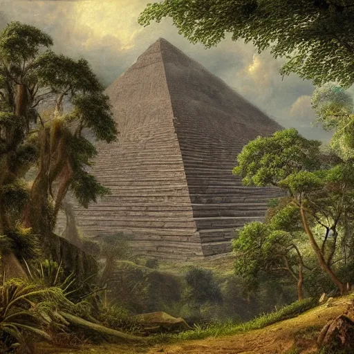 Image similar to a beautiful and highly detailed matte painting of an ancient pyramid in a lush forest, intricate details, epic scale, insanely complex, 8 k, sharp focus, hyperrealism, by caspar friedrich,