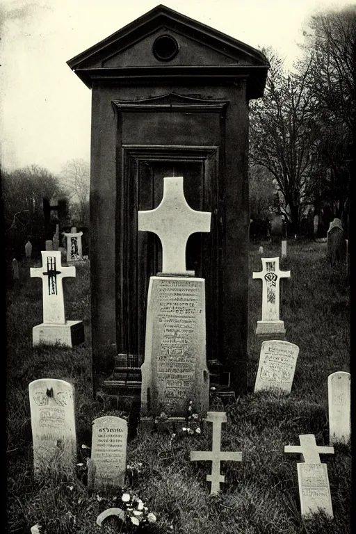 Image similar to Black and white camera obscura image of creepy cemetery, 1910s paris, crow, scary, horror, dark mood