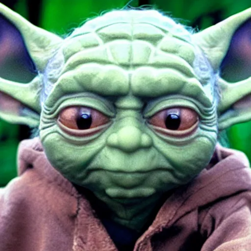 Image similar to extremely zoomed-in photo of Yoda looking very surprised with his mouth open