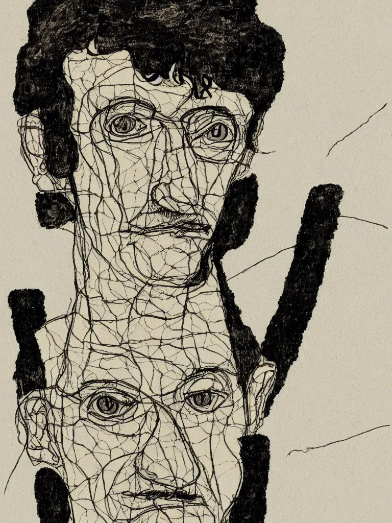 Image similar to a detailed single - line art portrait of hermann hesse, inspired by egon schiele.