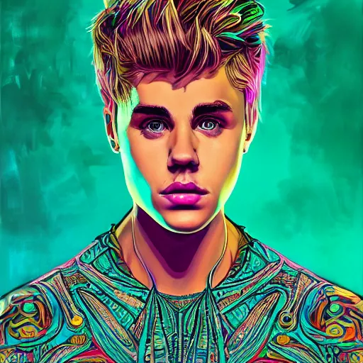 Prompt: An extremely psychedelic portrait of Justin Bieber, surreal, LSD, face, detailed, intricate, elegant, lithe, highly detailed, digital painting, artstation, concept art, smooth, sharp focus, illustration