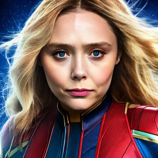 Prompt: Elizabeth Olsen as captain Marvel