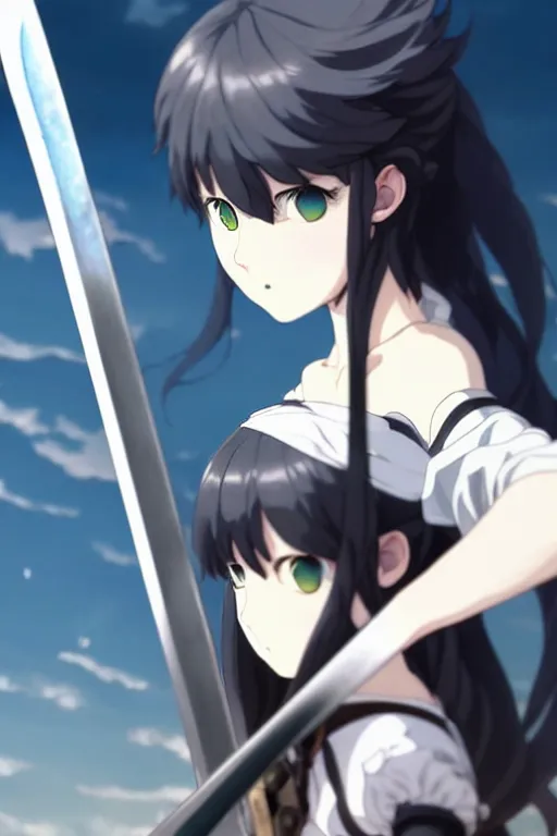 Image similar to a film still portrait of the catgirl with a giant sword of the black swordsman, finely detailed features, closeup at the faces, perfect art, gapmoe yandere grimdark, trending on pixiv fanbox, painted by greg rutkowski makoto shinkai takashi takeuchi studio ghibli, akihiko yoshida