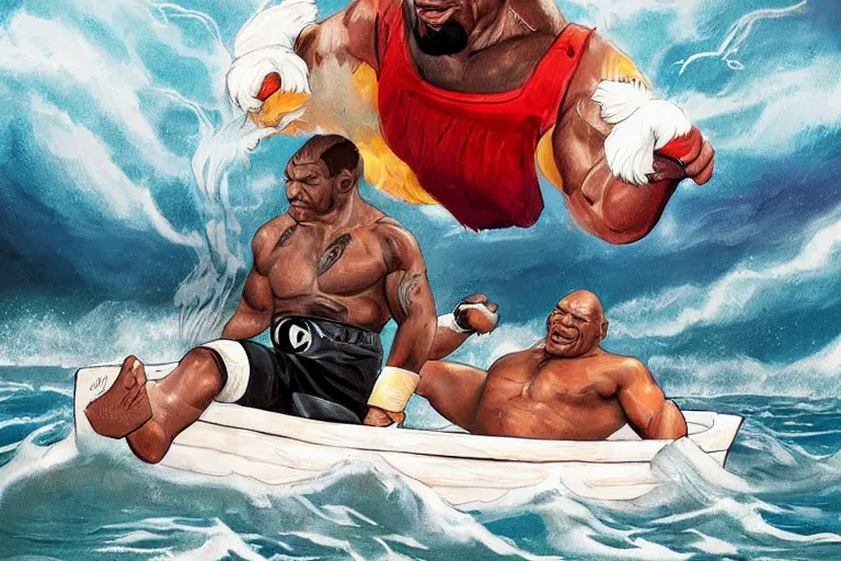 Prompt: Mike Tyson And Rocky are sitting in a boat on rough seas, stormy weather, award winning illustration, trending on artstation