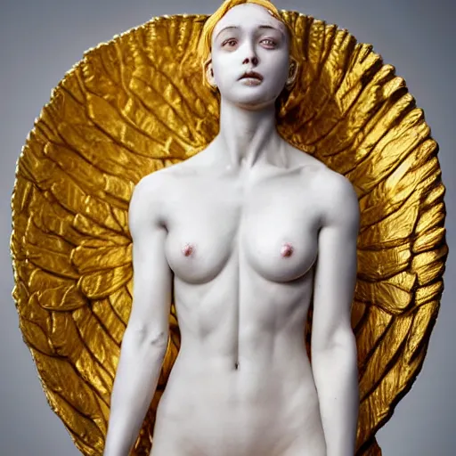 Prompt: a statue made of gold veins marble, of an beautiful angel girl with an sword, perfect symmetrical body, perfect symmetrical face, no eyes, hyper realistic, hyper detailed, fujicolor superia 1 6 0 0 photo, full body shot, by peter kemp, by monia merlo