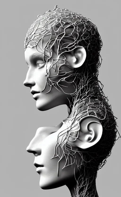 Image similar to complex 3d render of a beautiful porcelain profile woman face, vegetal dragon cyborg, 150 mm, beautiful natural soft light, rim light, silver details, magnolia leaves and stems, roots, fine lace, maze like, mandelbot fractal, anatomical, facial muscles, cable wires, microchip, elegant, highly detailed, white metallic armour, octane render, black and white, H.R. Giger style