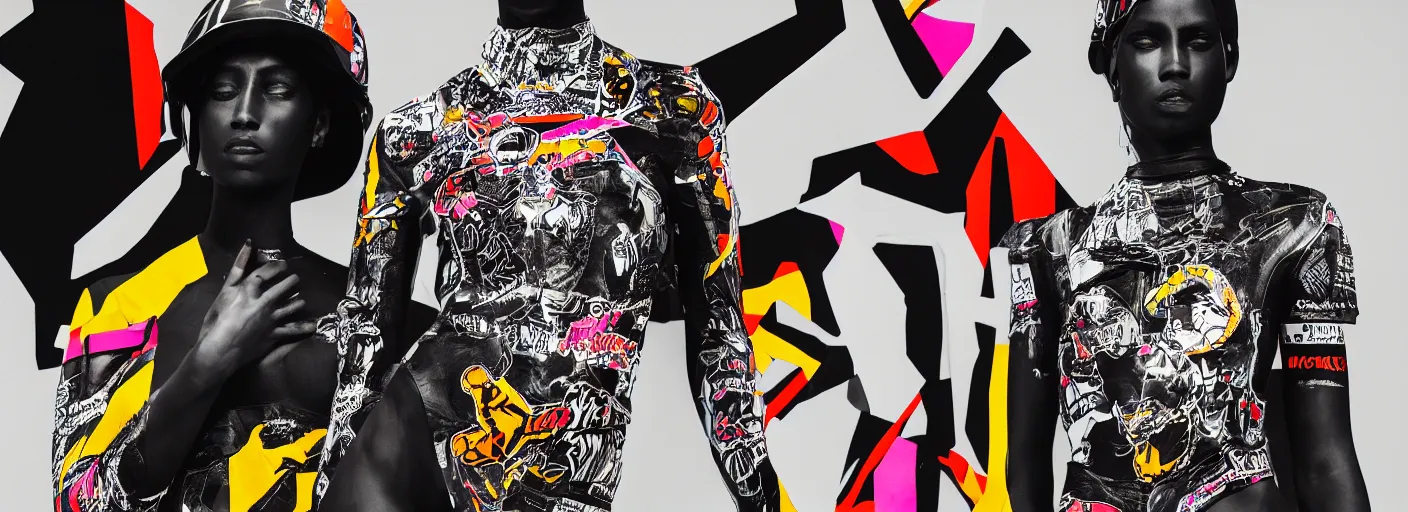 Image similar to black marble statue of a beautiful woman with colorful motocross logos in the style of virgil abloh, very very beautiful, detailed, off white, heron preston, 8 k, 4 k, detailed, beautiful, symmetrical, vogue, editorial, fashion, magazine, model