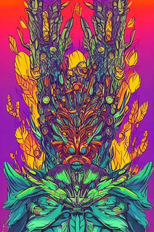 Image similar to animal mask totem roots flower tribal feather gemstone plant wood rock shaman vodoo video game vector cutout illustration vivid multicolor borderlands comics by josan gonzales and dan mumford radiating a glowing aura