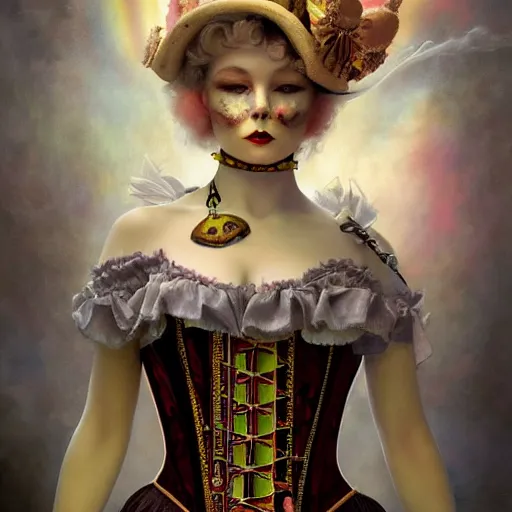 Prompt: photorealistic soft paint of a curiosities carnival, single young beautiful masqued dollpunk in a full steampunk corset, symmetry accurate features, ominous depths, elegance, focus, rainbow lighting, very high details, award winning masterpiece, behance, by tom bagshaw