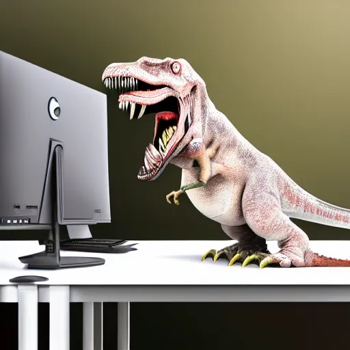 Prompt: a t - rex screaming at their computer