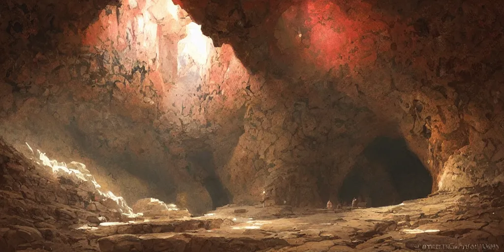 Image similar to painting of majestic curved wall in a cavern with rocky ground, minimal, art by greg rutkowski and beksinski, vivid colors